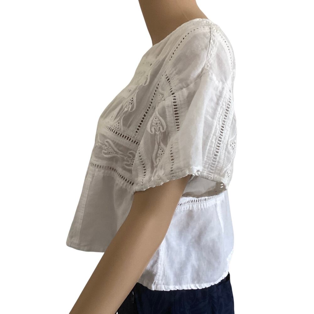 Free People White Cropped Blouse Eyelet Lace Embroidery Shabby Chic Boho XS - Picture 3 of 6